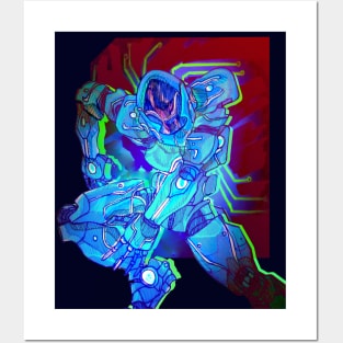 Cyberpunk robot with blue colors Posters and Art